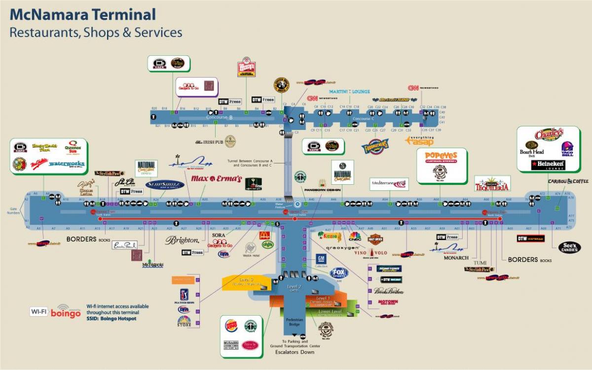 Детройт Нисэх онгоцны буудал зоогийн газрын зураг